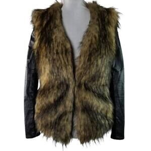 Bardot Womens Faux Fur Leather Long Sleeves Jacket Coat Black Tan Size 6